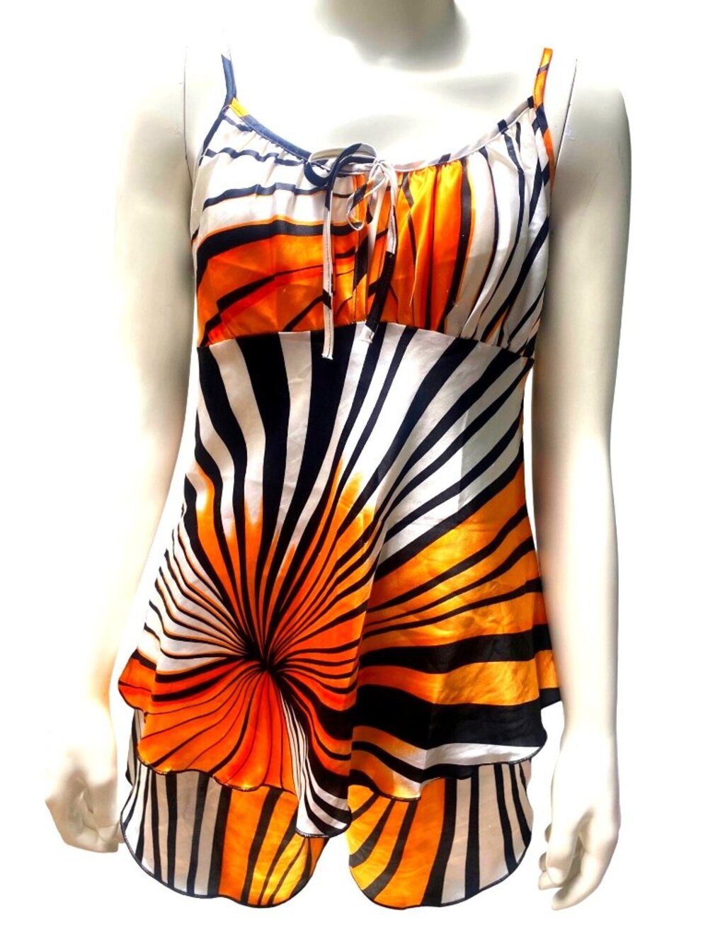 Orange Black White Swirl Print Babydoll Pajama Set Straps Stretchy Retro Y2K